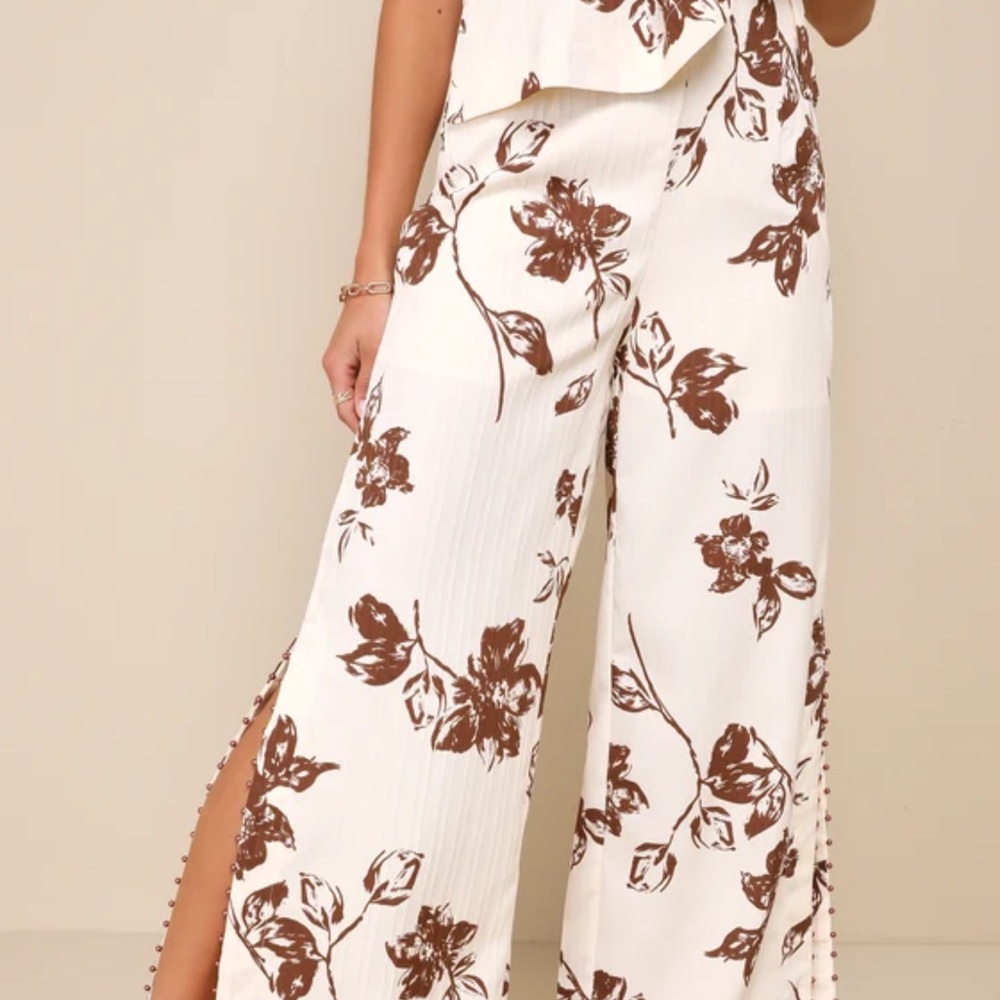 Lulus Confident Design Ivory and Brown Floral Bead Trim Wide-Leg Pants - NWT
